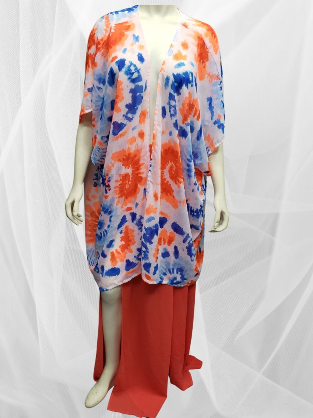 Tie Dye Kimono & Coral Skirt Set Beach Cover Up